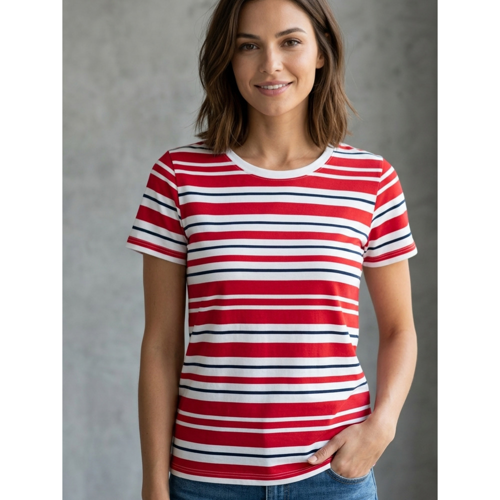 White Stag Red White Blue Striped Cotton Casual T-Shirt Size M Nautical Style